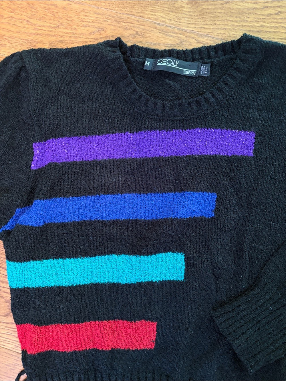 Vintage Esprit Black Crewneck Sweater with Multi-Color Sparkly Stripes Ruching